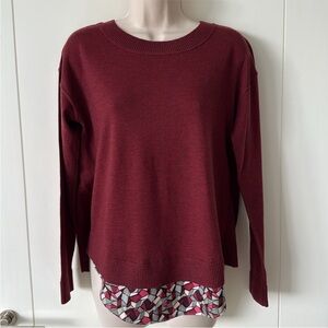 Paule Ka Burgundy Wool Geometric Print Silk Mixed Media Crew Neck Sweater S